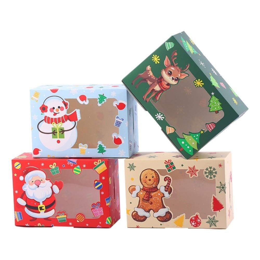 4pcs With Window Christmas Gift Boxes Snowman Design Opening Candy Packaging Bakery Boxes Gingerbread Theme Paper Box