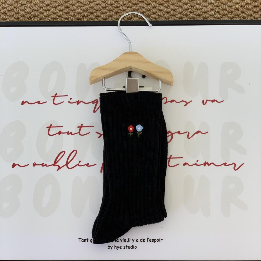 2025 Autumn Floral Embroidery Women's Mid-Calf Socks - Japanese Style, Solid Color