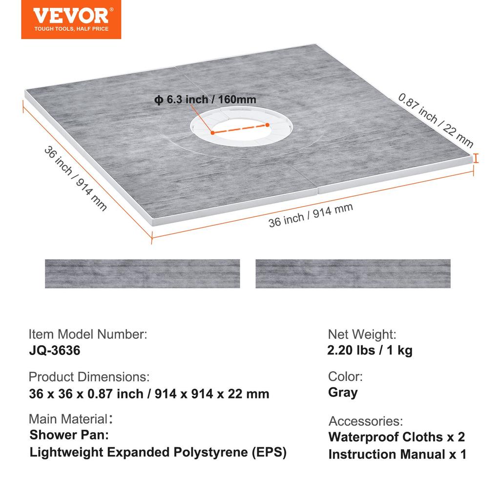 VEVOR Shower Curb Kit, 914x914mm Shower Pan Kit with 160mm Central Drain, Lightweight EPS Shower Installation Kits with 2 Waterproof Cloths