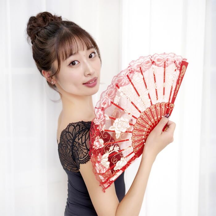 Practice Japanese Folding Fan with Lace and Glitter E-Ballerina (White)