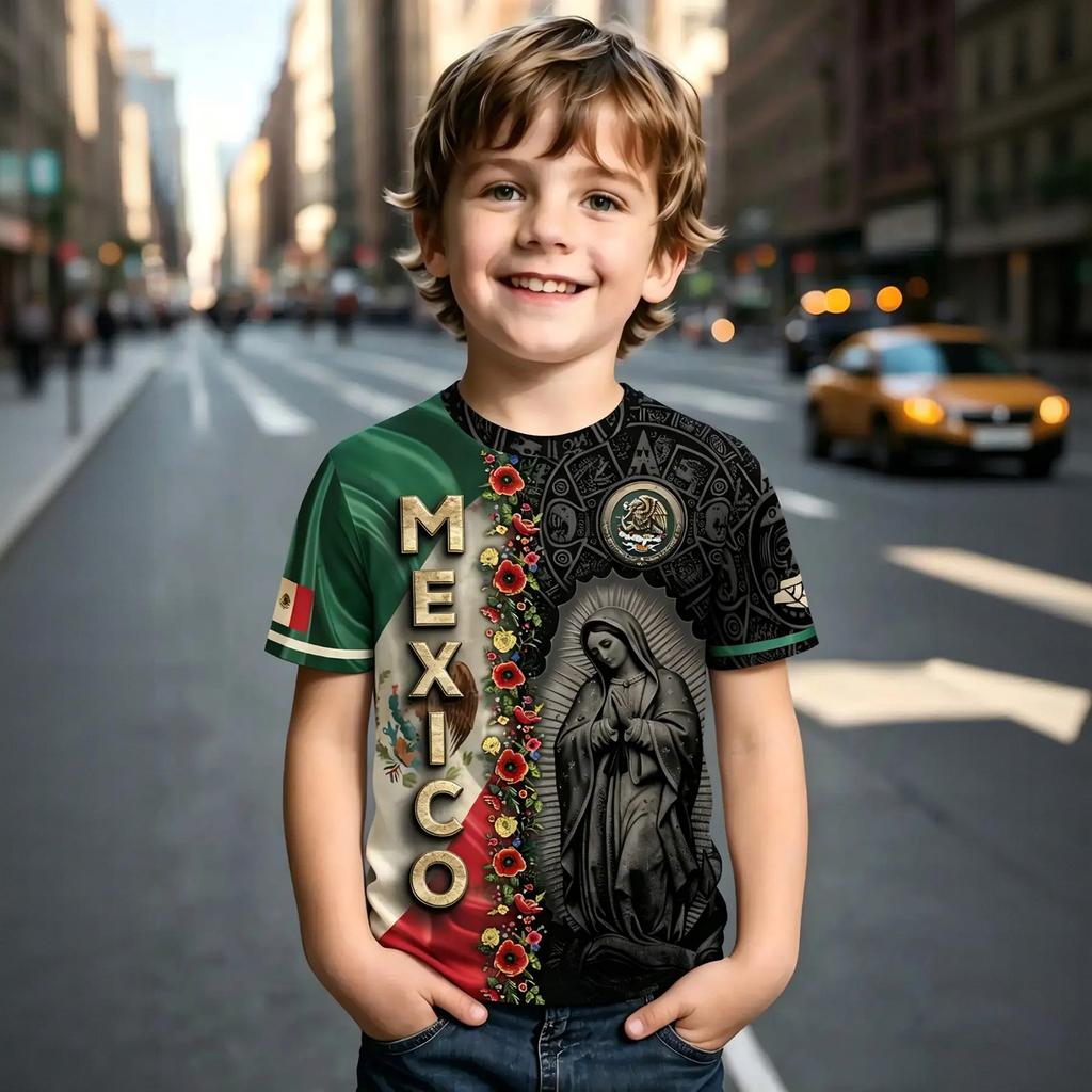 Kids Casual Short Sleeve T Shirt Mexico Themed Letter Print Lightweight Comfortable Summer Top for Boys and Girls
