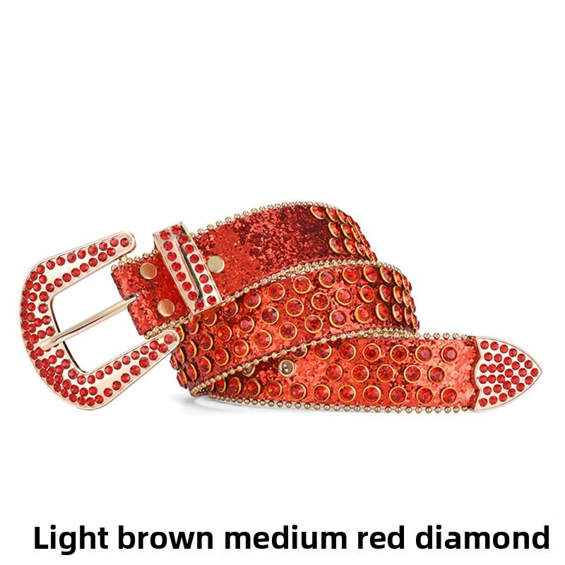 Mei Women's European and American feng shui diamond leather belt, handmade diamond-encrusted fashionabl