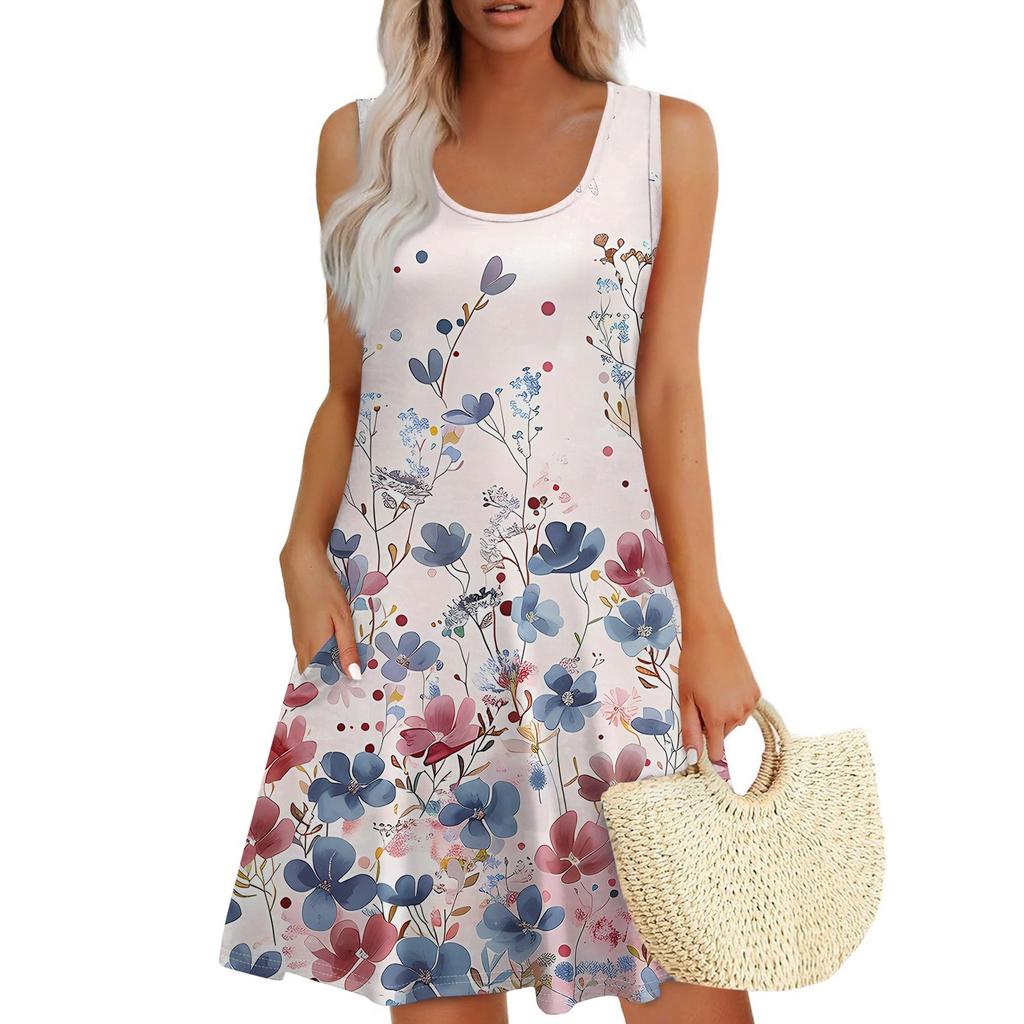 Women's Summer Casual U-neck Floral Print Dress Sleeveless Dress With Pockets