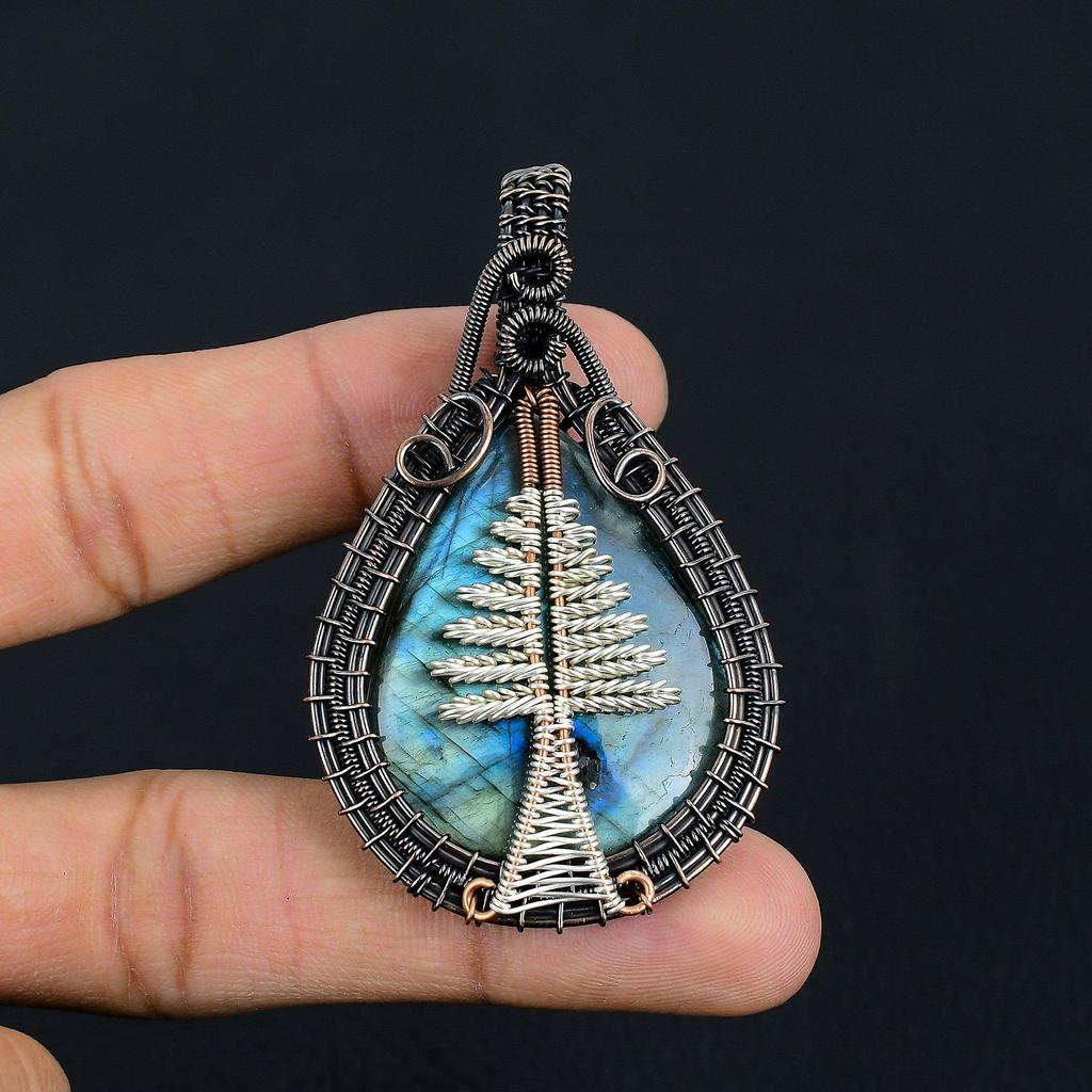 Подвеска Древо Жизни с Лабрадоритом, Подвеска из Натурального Камня Ручной Работы, Обернутая Медной Проволокой 999 пробы, Антикварное Ювелирное Изделие, Для Подарка, Серебряное Ювелирное Изделие