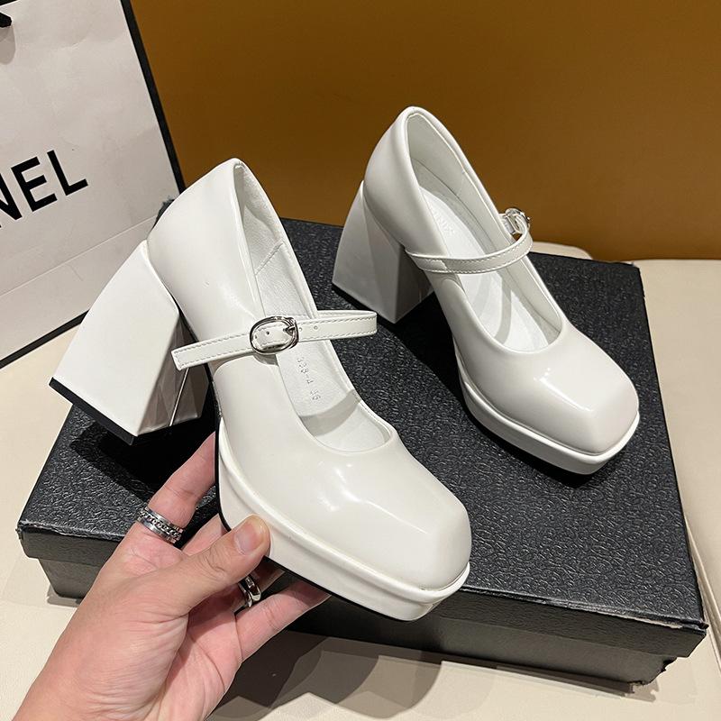 Туфли Мэри Джейн большого размера на высоком каблуке, женские французские туфли с одним словом и толстым каблуком, водонепроницаемые туфли из кожи с квадратной головкой