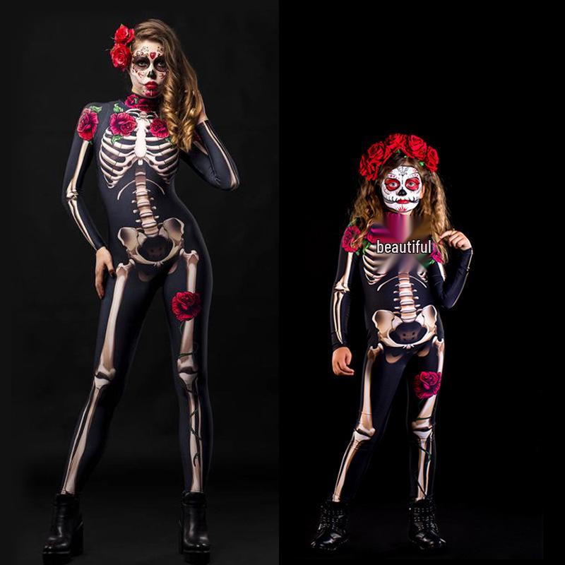 In-Stock Halloween Women's Cosplay Jumpsuit - Rose Skeleton Print for Parent-Child Wear