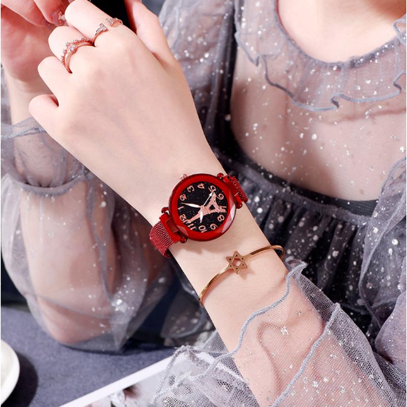 Gold Ladies Rose Women Luxury Starry Sky Watches Eiffel Tower Magnetic Wristwatches Casual Ladies Dress Quartz Watch