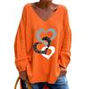 Women Casual T-shirt V-neck Long Sleeve Pullover Tops Rhinestones Heart Pattern Loose Fit Tee Shirt Streetwear