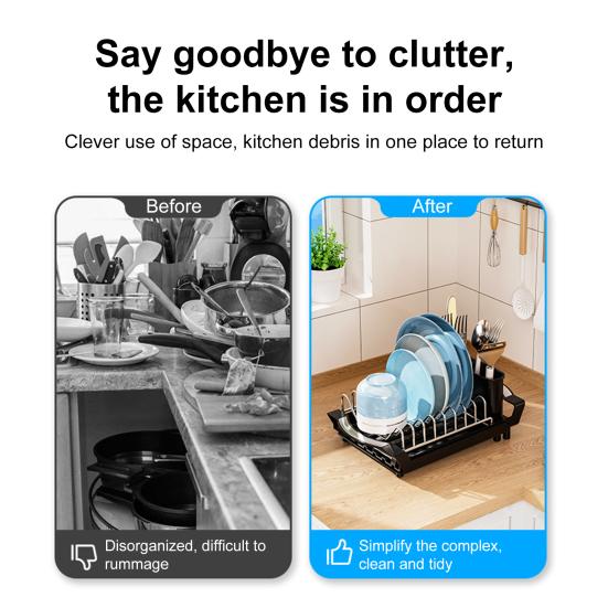 Dish Drying Rack with Cutlery Holder Large Capacity Strong Load-bearing Countertop Extendable Dish Rack with Drain Board