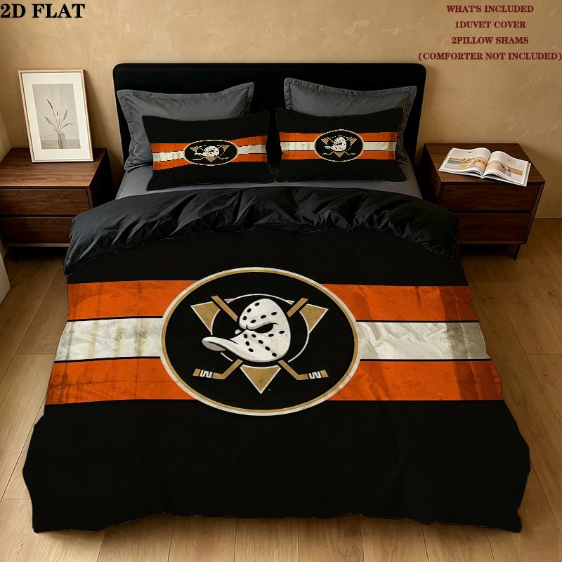 Anaheim Ducks Pattern Bedding Quilt Set Home Decoration Gift (1 * duvet cover + 2 * pillowcase without core)