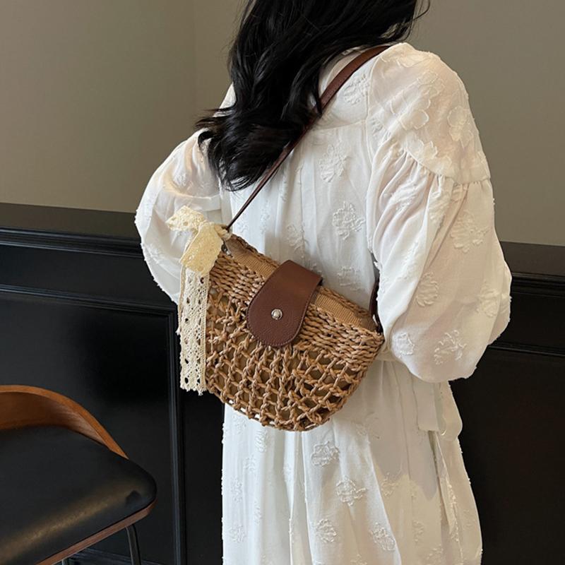Летняя соломенная сумка для женщин, модная полукруглая сумка кроссбоди, плетеная вручную из ротанга, сумка-мессенджер, дорожная пляжная сумка KTB