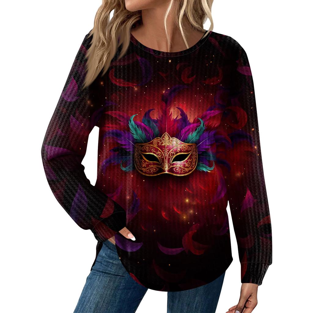 Women's Fashion  Loose Long Sleeve Carnival Print  Round Neck Casual Top