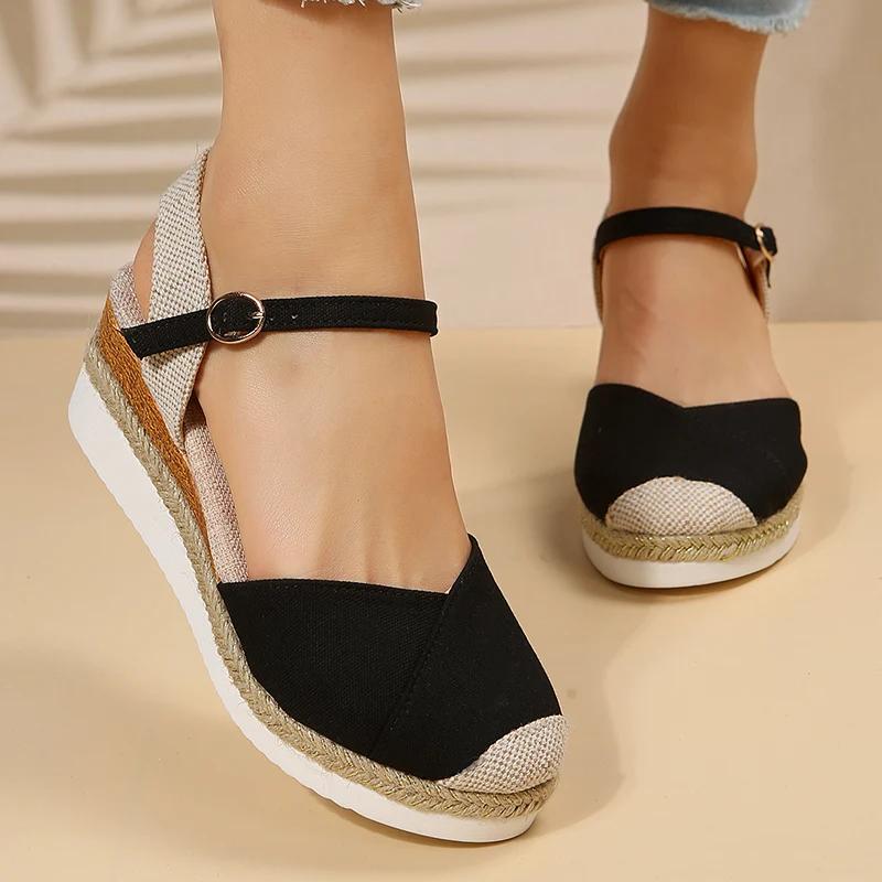 Модные разноцветные сандалии-клинья с закрытым носком, женские сандалии с ремешком на щиколотке, на толстой подошве, женские сандалии большого размера, эспадрильи на платформе, римские туфли