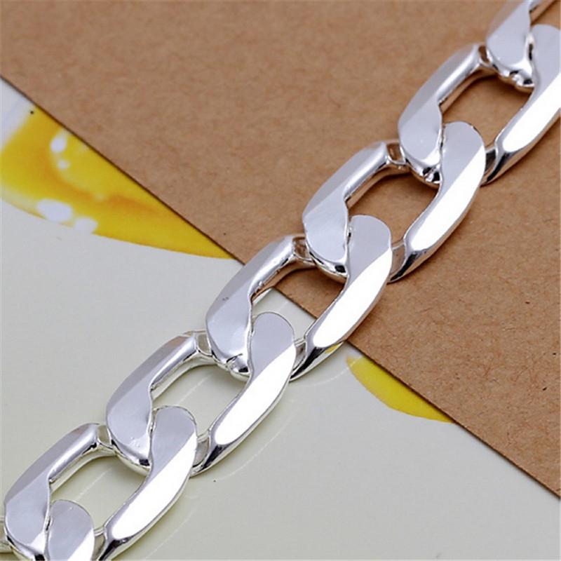 Noble 925 Sterling silver solid bracelet 12MM chain women Men Silver Jewelry fashion beautiful hot Figaro ChainGood product