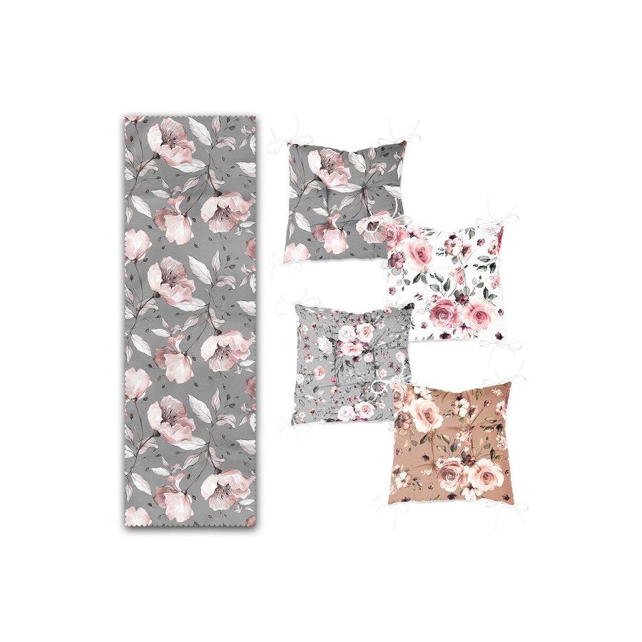 Набор подушек для стула с цифровой печатью Rose Design / 4 квадратных подушки для стула 40 × 40 см и 1 бегун