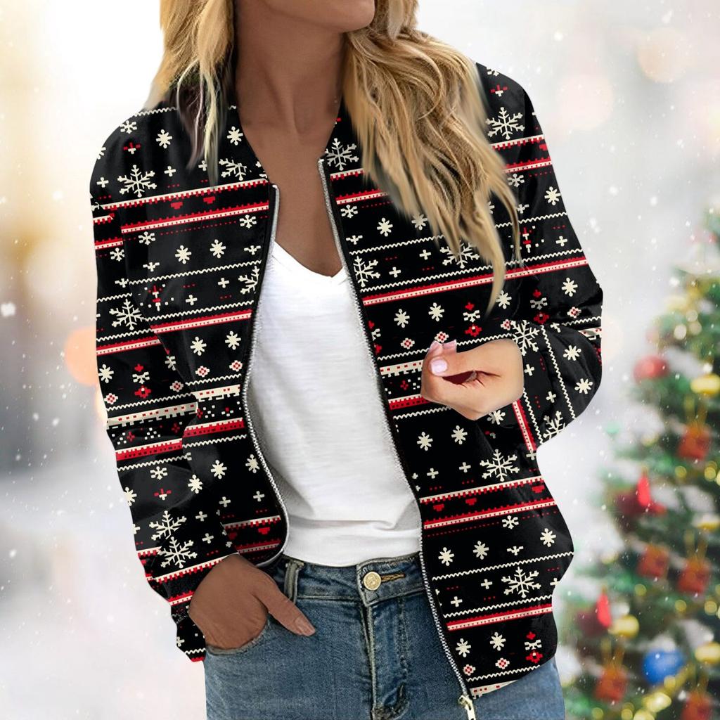 Женская легкая короткая куртка с длинными рукавами на молнии с принтом, повседневная стеганая куртка с карманами, рождественская