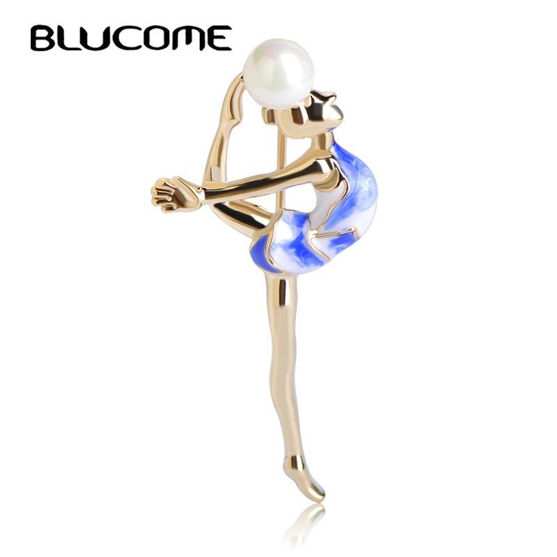 Blucome Модная брошь для спортивной гимнастики для девочек, аксессуары для одежды, золотая металлическая эмаль, броши с имитацией жемчуга, ювелирная булавка