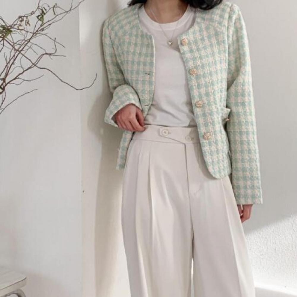 New Arrivals Open Run Gingham Check Tweed Jacket Gold Button Pastel Spring Guest