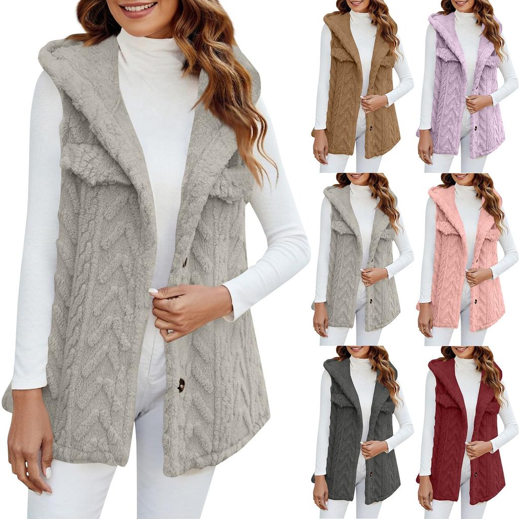 Women's Fashion Winter Plush Hooded Cardigan Mid-length Coat Vest