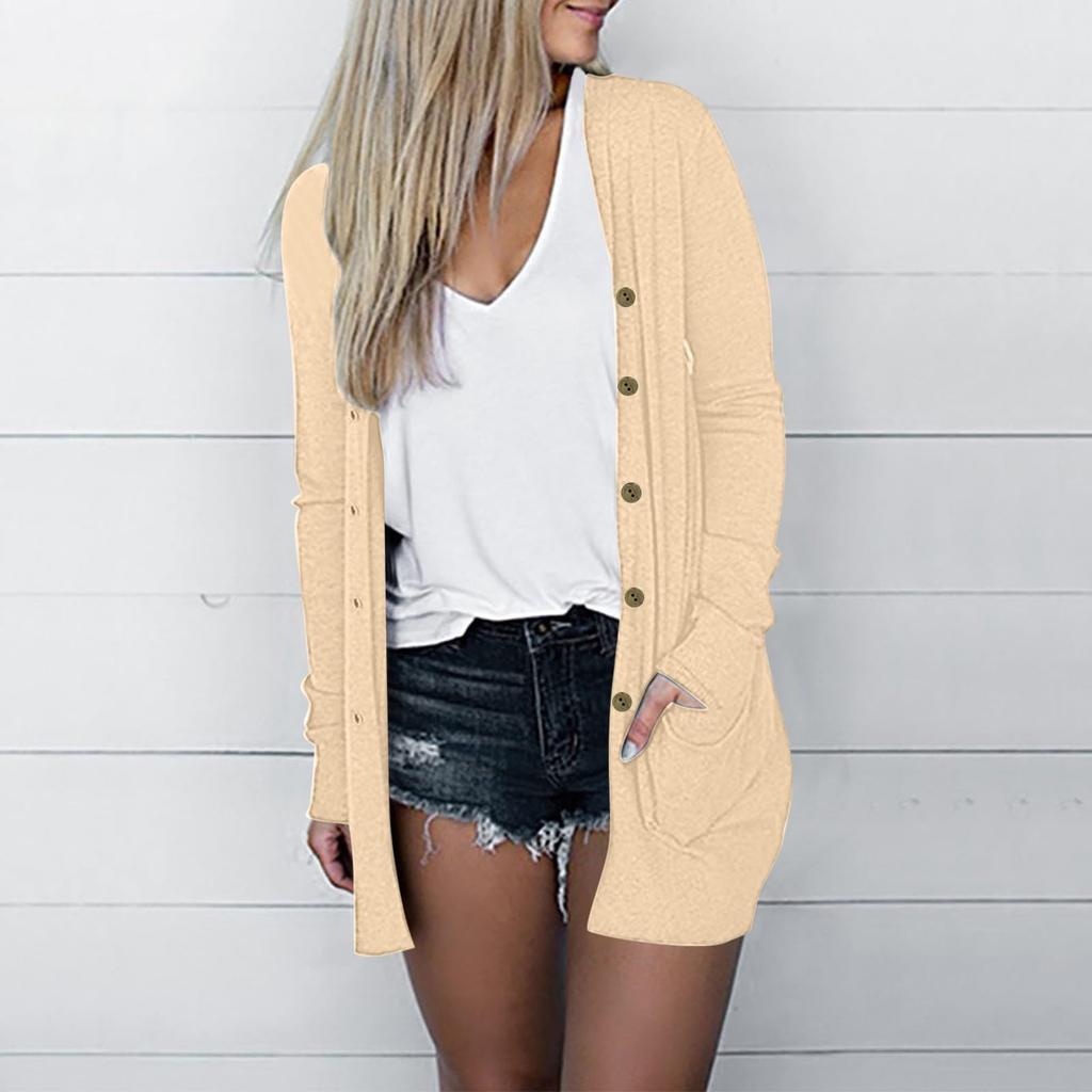 Женская мода Свободный повседневный карманный однотонный кардиган с длинными рукавами на пуговицах Куртка Топы