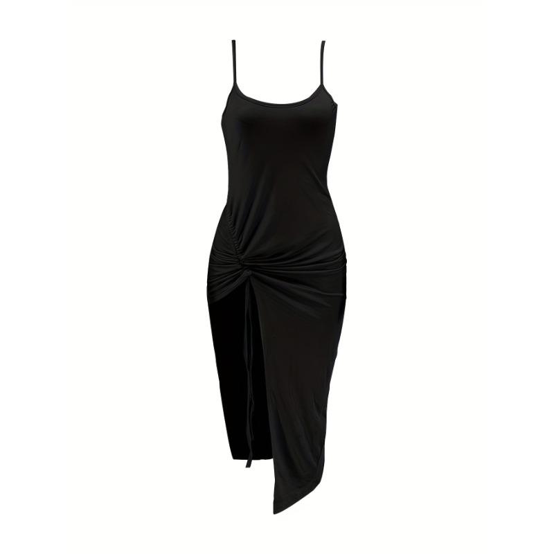 Drawstring Bodycon Cami Dress, Sexy Split Spaghetti Strap Dress, Women's Clothing