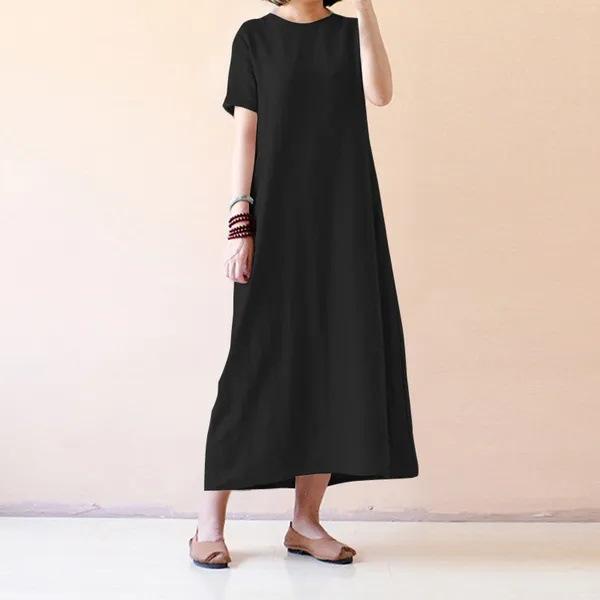 New Women's Summer Short-sleeved Tunic Solid Color Casual Loose Party Long Dress