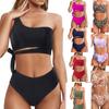 Women's Fashion Sexy Two Pieces Bikini Swimsuit Padded One Shoulder Lace Up Top High Waisted Bottom Swimwear Set Solid Tankini Bathing Suit