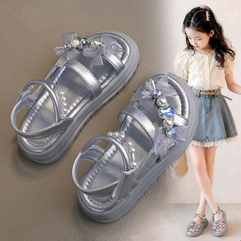 Girls Princess Sandals 2026 Rhinestone Pearl Decor Soft Sole Non-Slip Open Toe Shoes Ages 4-16