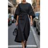 VEZFAA Women's Fashion Spring Fall Solid Color Print 3/4 Sleeves O-Neck High Waist Casual Dresses