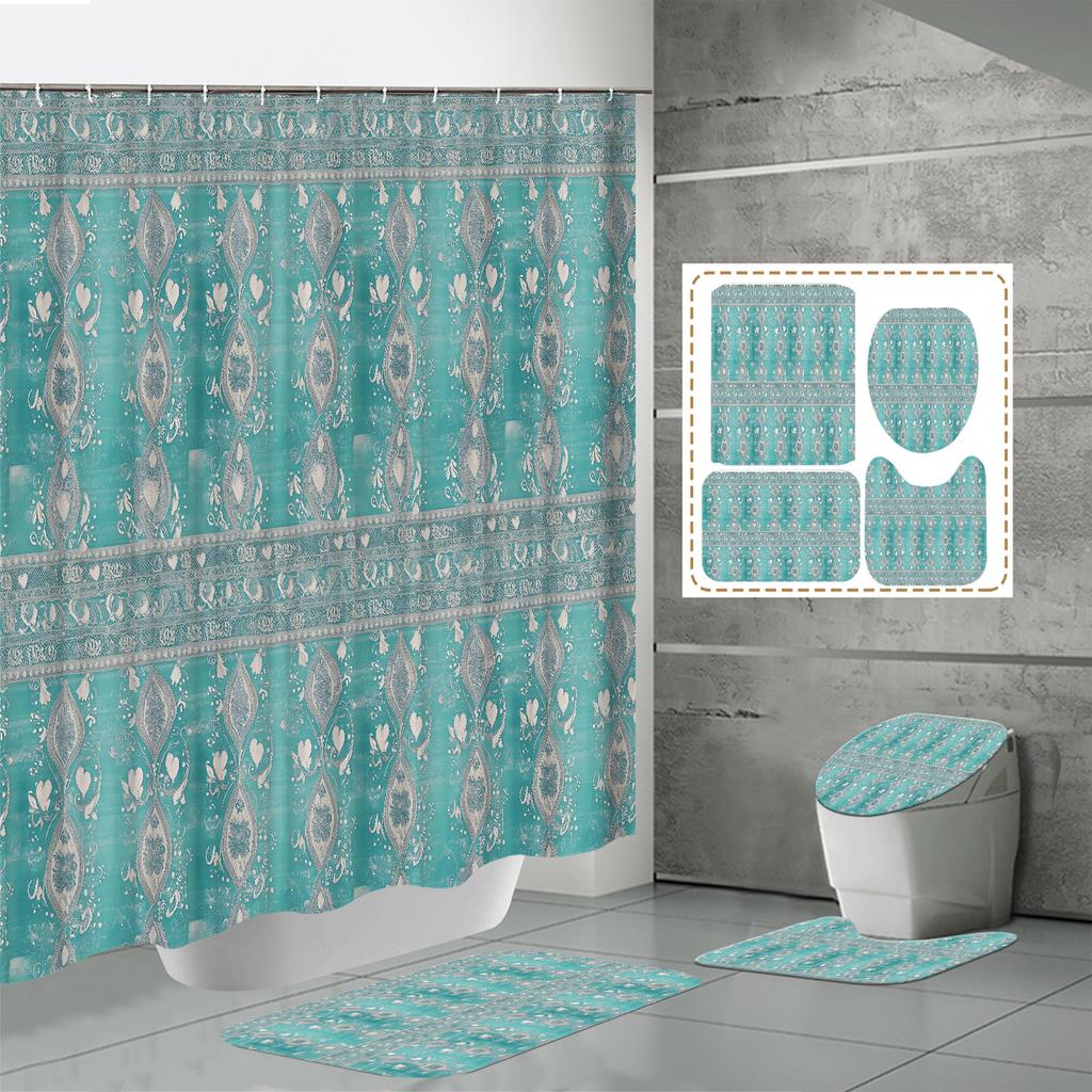 4 ШТ. Наборы штор для душа со шторкой для душа и ковриками, коврик для крышки унитаза, U-образный коврик и коврик для ванной, набор для ванной комнаты с 12 крючками