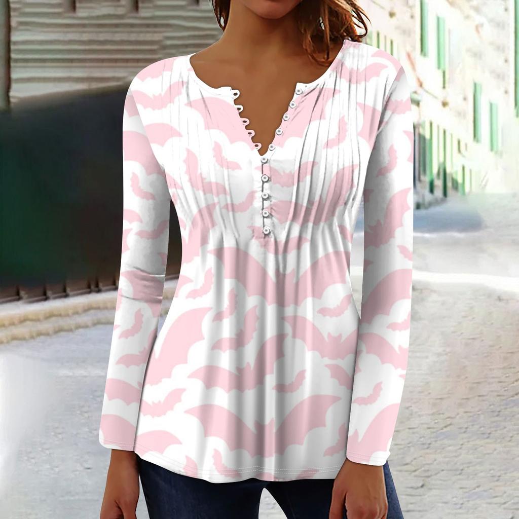 Женский топ с длинными рукавами и плиссированным воротником на пуговицах с принтом Хэллоуина, весна-осень