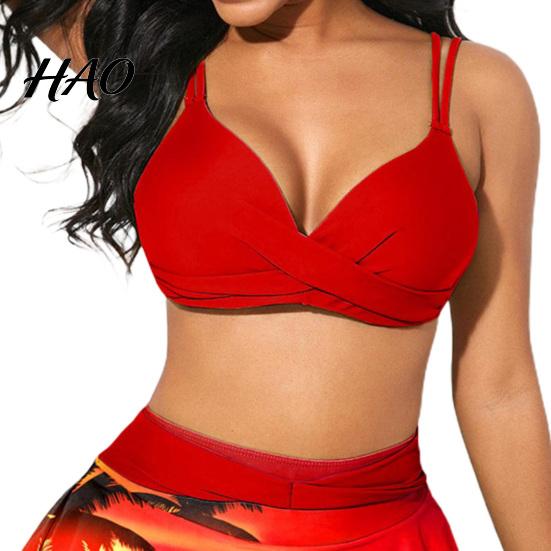 Tree Print Swimsuit 2Pcs/Set Women Bikini Ruffles Two-piece Sweet Off Shoulder Swimwear for Beach