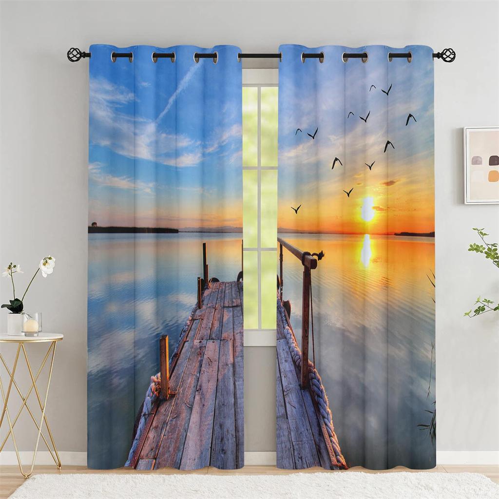 Beach Scenery Series Sunshade Curtains Deluxe Living Room Bedroom Home Decoration Sunset Beach Thin Curtains