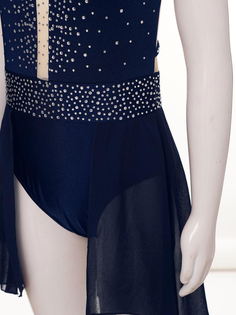 Kids Girls Ballet Lyrical Dance Figure Ice Skating Dress Hollow Back Mesh Gymnastics Leotard Dress