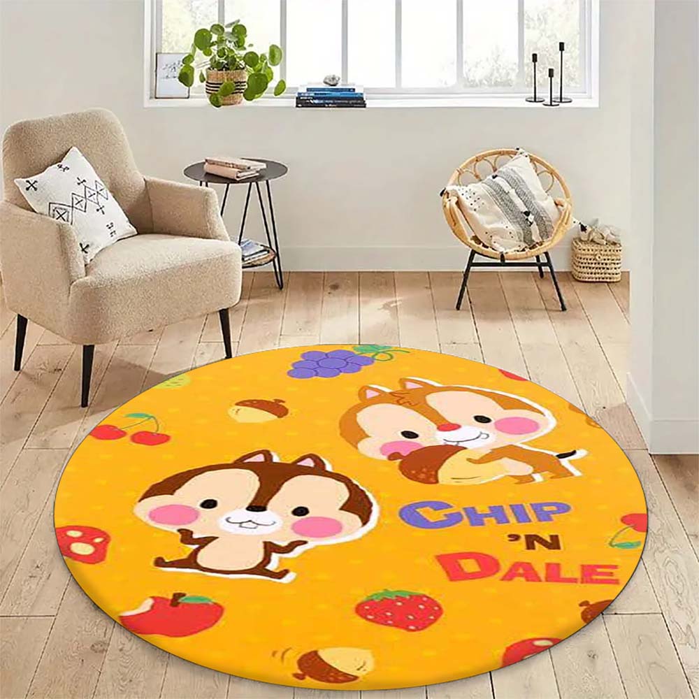 Cute Chip 'n' Dale print round floor mat, home rug decoration, cartoon welcome doormat, non-slip and stain-resistant.
