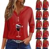 Women‘s Fashion Casual Christmas Wine Glass Printed V-neck 3/4 Sleeve Button Knit Hoodie Regular Top