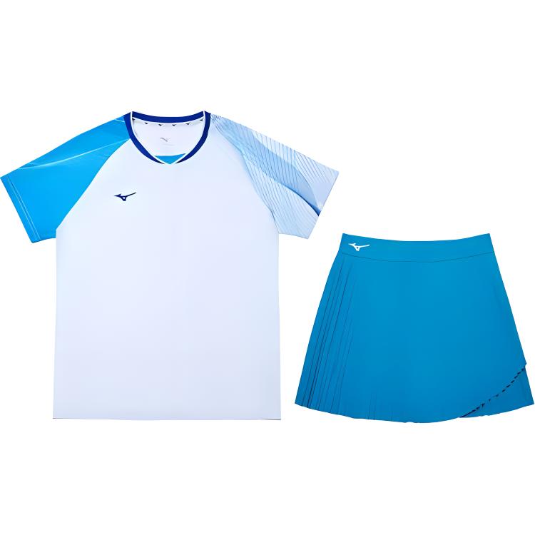 Mizuno Performance Series SS24 Цветной блок Круглый вырез горловины реглан короткий рукав топ и эластичная талия короткая юбка комплект женский белый 72CG45P1