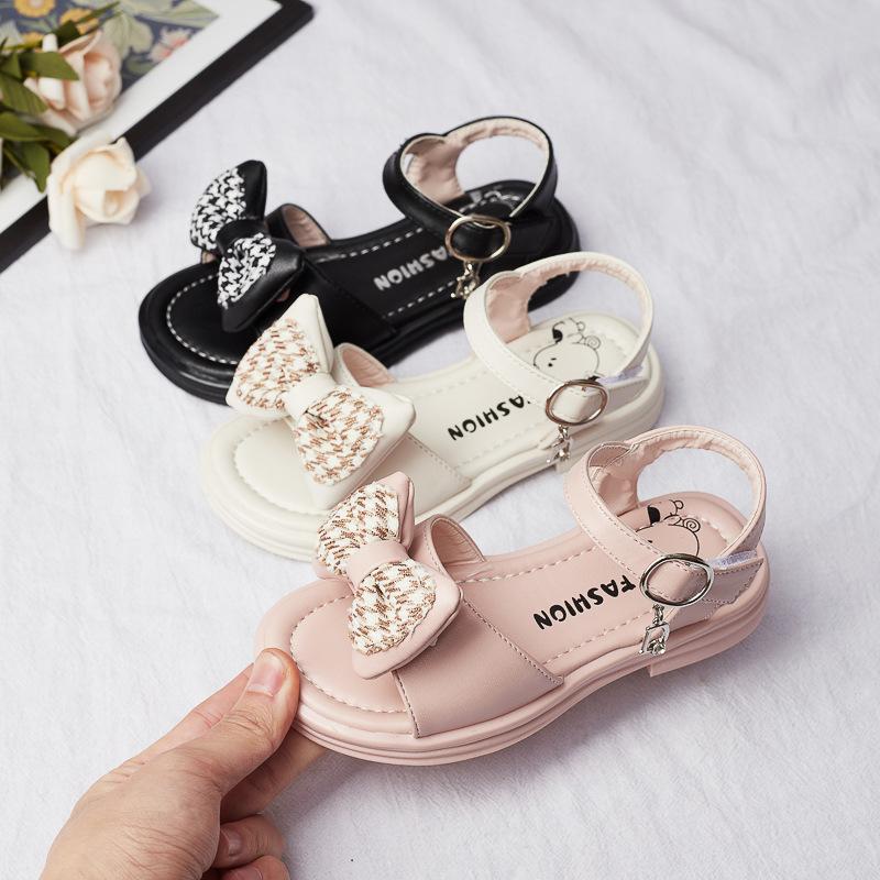 Детская модная повседневная обувь, универсальные однотонные сандалии для девочек с узором «гусиная лапка», с открытым носком, детская обувь в корейском стиле 2024 года, мягкая, простая