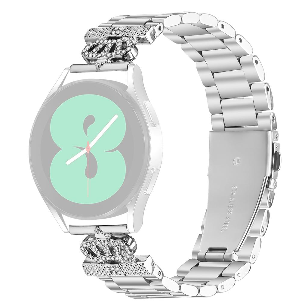 For Samsung Galaxy Watch4 44mm/40mm Stainless Steel Strap Crown Shape Rhinestone Decor Silver Watch Band