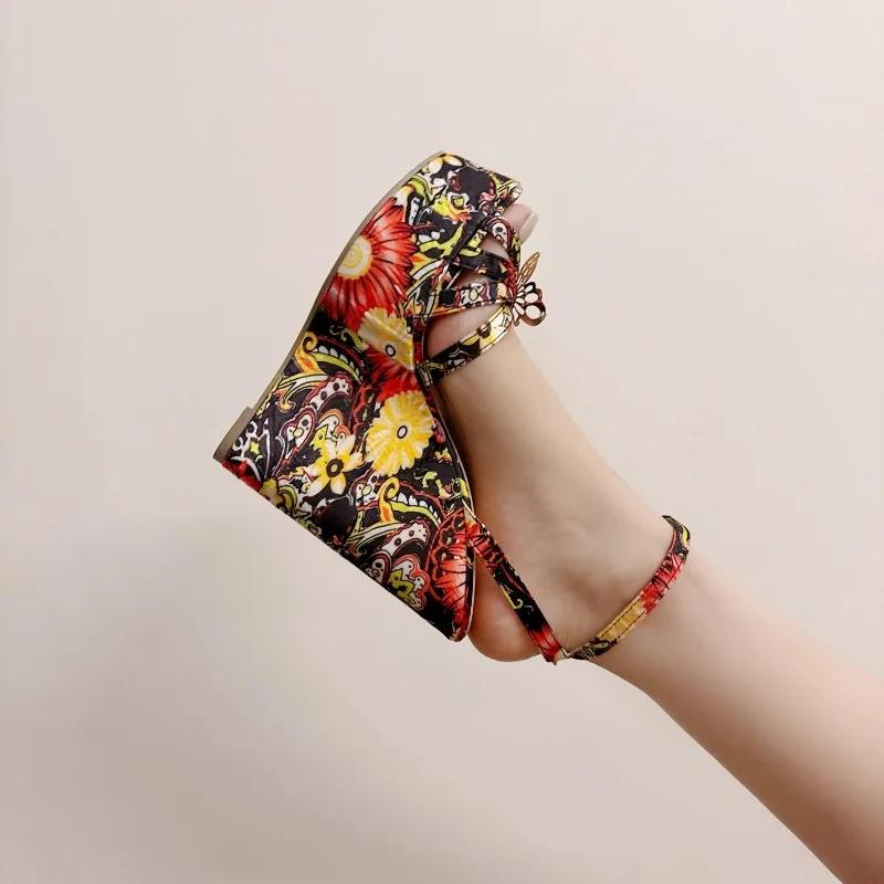 Fashion 16CM Wedges High Heels Sandals Women Open Toe Platform Butterfly Decoration Narrow Band Printed Ankle Buckle Strap Banquet Shoe