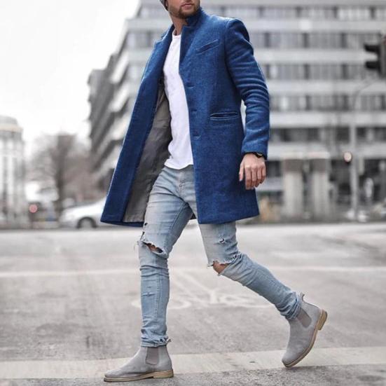 Men Woolen Coat Lapel Long Sleeve Mid-length Overcoat Solid Color Single Breasted Long Outwear with Side Pockets