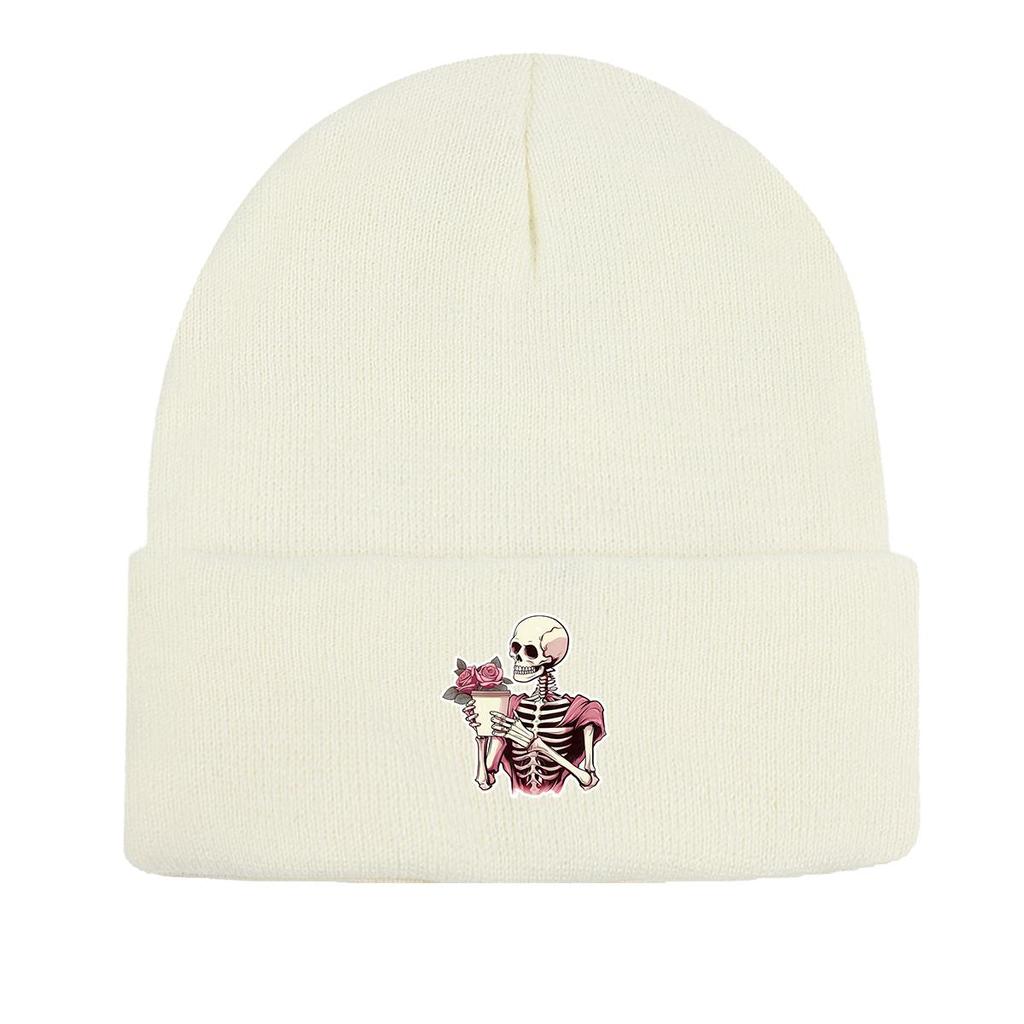 Skeleton Flower Print Knitted Hat Beanie, Woman Cap Windproof Lightweight Sporting Headwear Knit Cap Beanie