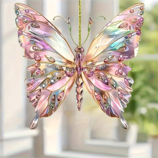 Acrylic Colorful Butterfly Hanging Decoration Home Indoor Christmas Tree Car Rearview Mirror 2D Flat Butterfly Ornament Pendant