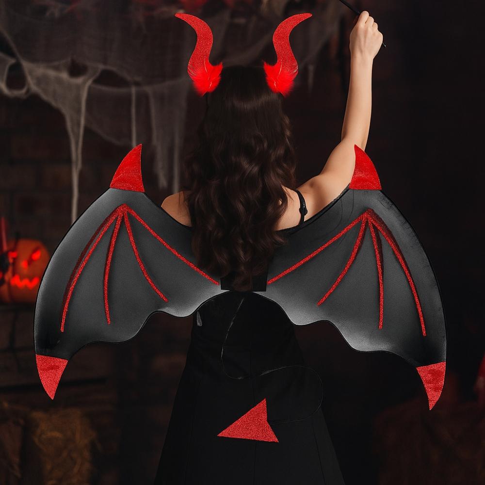 3Pcs/Set Demon Horn Hair Band Halloween Cosplay Props Funny Demon Wings Set  Costume Party