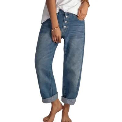 Женские однобортные прямые джинсы, свободные универсальные базовые джинсовые брюки, женские повседневные повседневные синие брюки с высокой талией