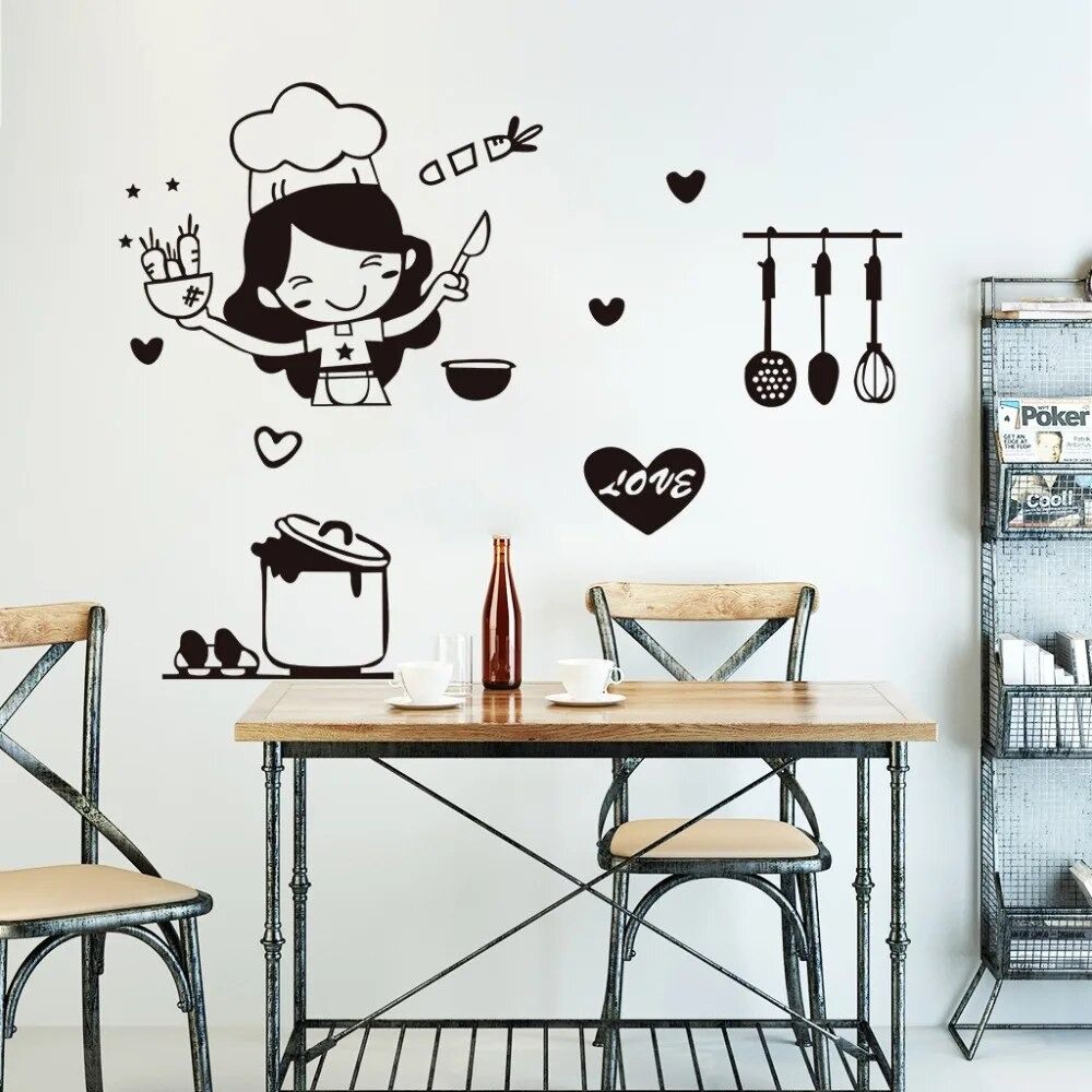 Cartoon Happy Girl Chef Sticker Black Kitchen Decal Easy Clean Loves Cooking Wall Sticker Kitchen