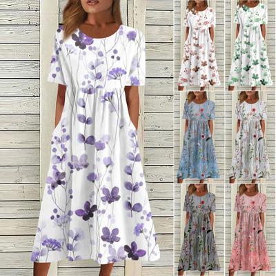 Жен. Повседневные платья Платья с принтами Летние платья С принтами Плиссированные платья-миди с круглым вырезом Классический Классический На открытом воздухе Повседневные С короткими рукавами Свободные платья