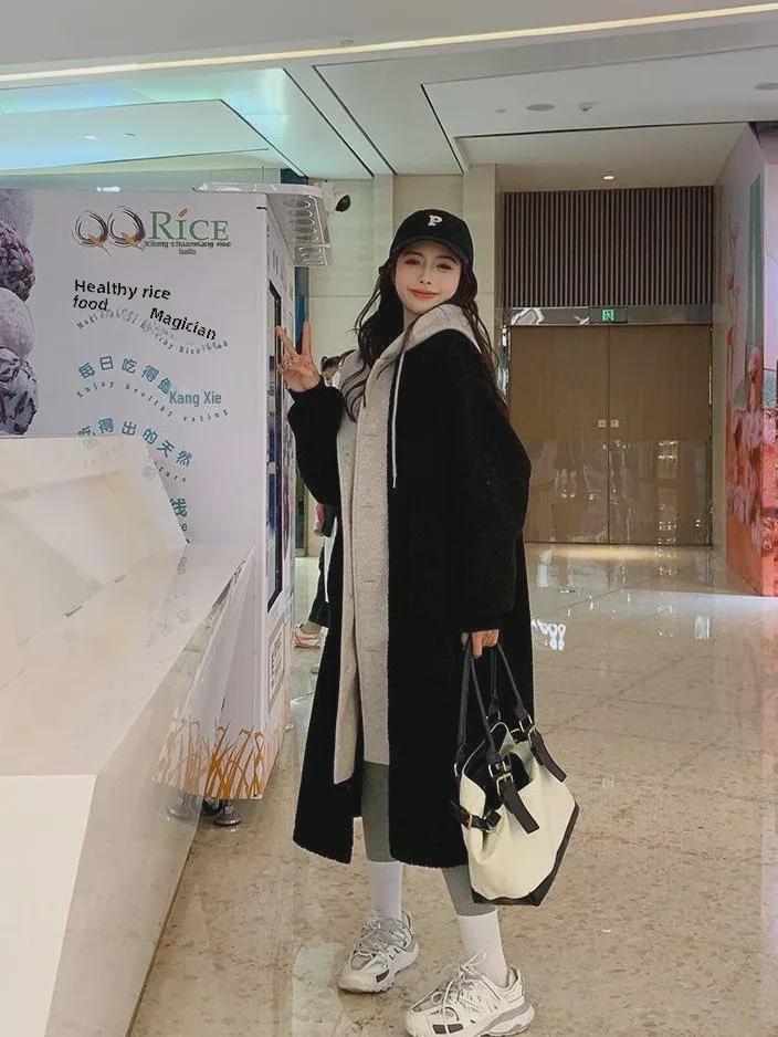 Корейский шикарный длинный капюшон из овчины с юбкой-пальто - женский осенне-зимний модный тренд из двух предметов