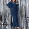 Yousheng Plus Size Women Evening Dress V-Neck Long Sleeve High Waist Tight Long Dress Solid Color Shiny Fishtail Dress