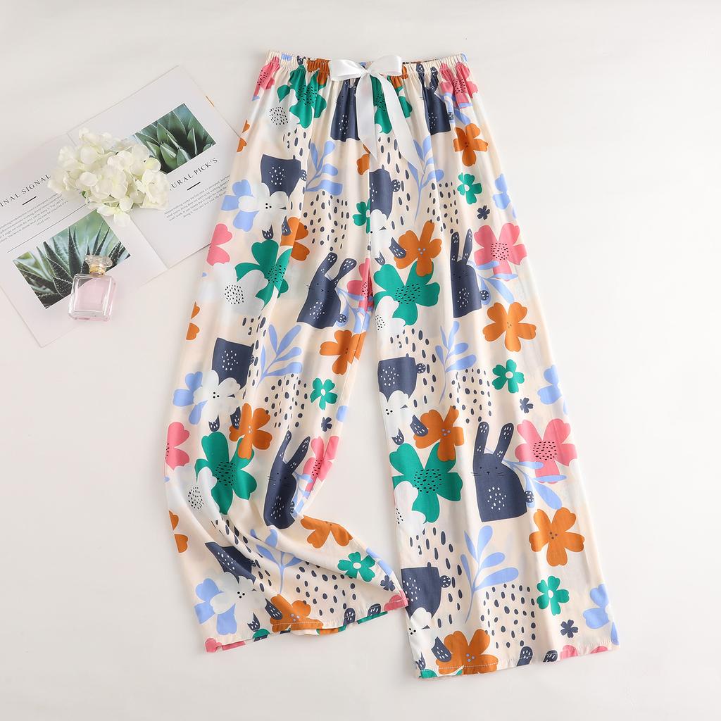 Весенние и летние тонкие домашние брюки, женские милые повседневные брюки с цветочным принтом, которые можно носить на улице, свободные домашние цельные пижамные брюки
